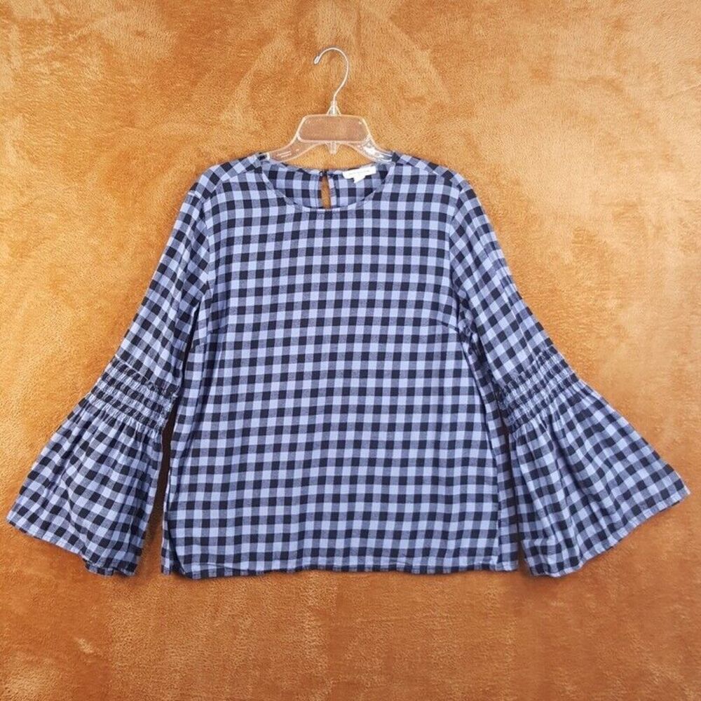 BEACH LUNCH LOUNGE Womens Top Large Blue Plaid Pullover Flannel Bell Sleeve